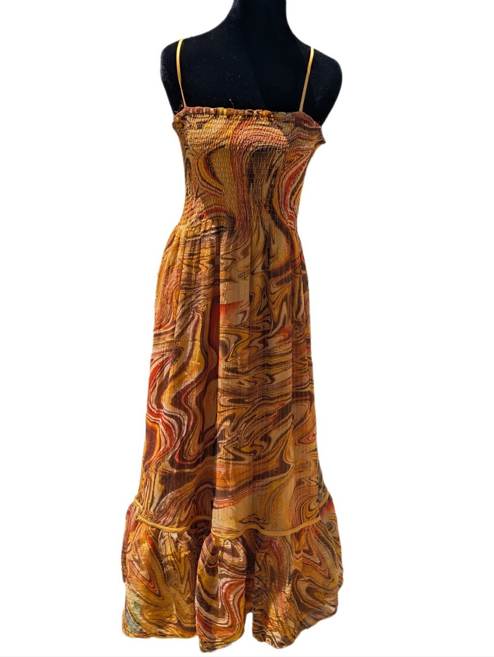Peter Nygard 100% Silk Metallic Abstract Swirl Smocked Maxi Dress Boho Y2K sz 10